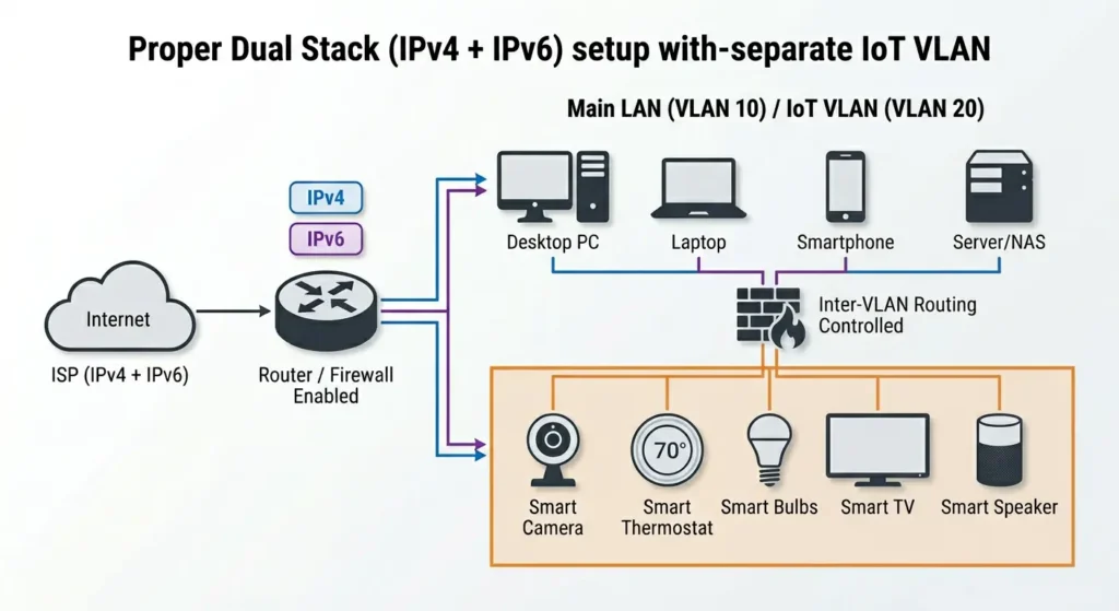 Network architecture diagram showing dual stack IPv4 IPv6 setup with dedicated IoT VLAN running IPv4 only