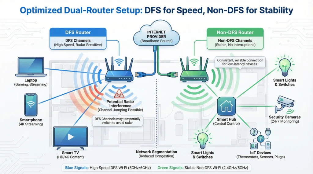Network diagram illustrating a dual router configuration separating DFS channels for computers from non DFS channels for smart home hubs