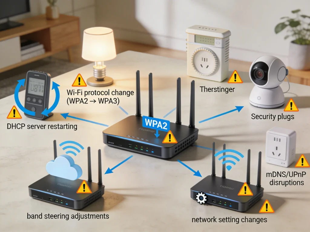 Network diagram illustrating the impact of router firmware changes on smart home device connections