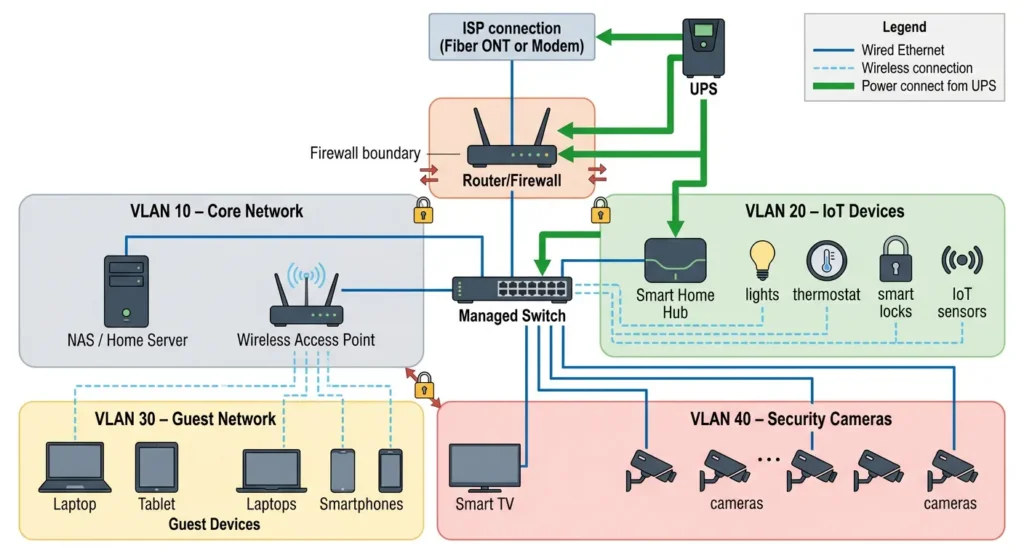 Network diagram of a resilient smart home architecture with UPS backup, Ethernet backbone, and VLAN segmentation for IoT devices