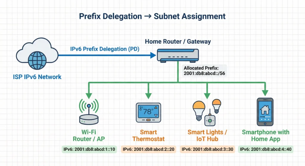 Network diagram showing IPv6 Prefix Delegation from ISP router to smart home devices including thermostat