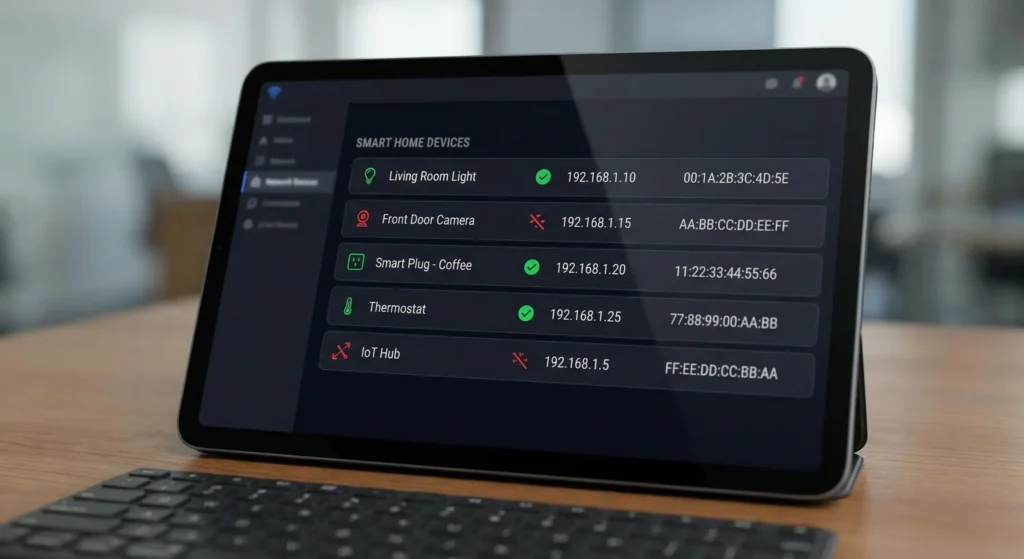 Network monitoring app displaying smart home device connection status after router firmware update