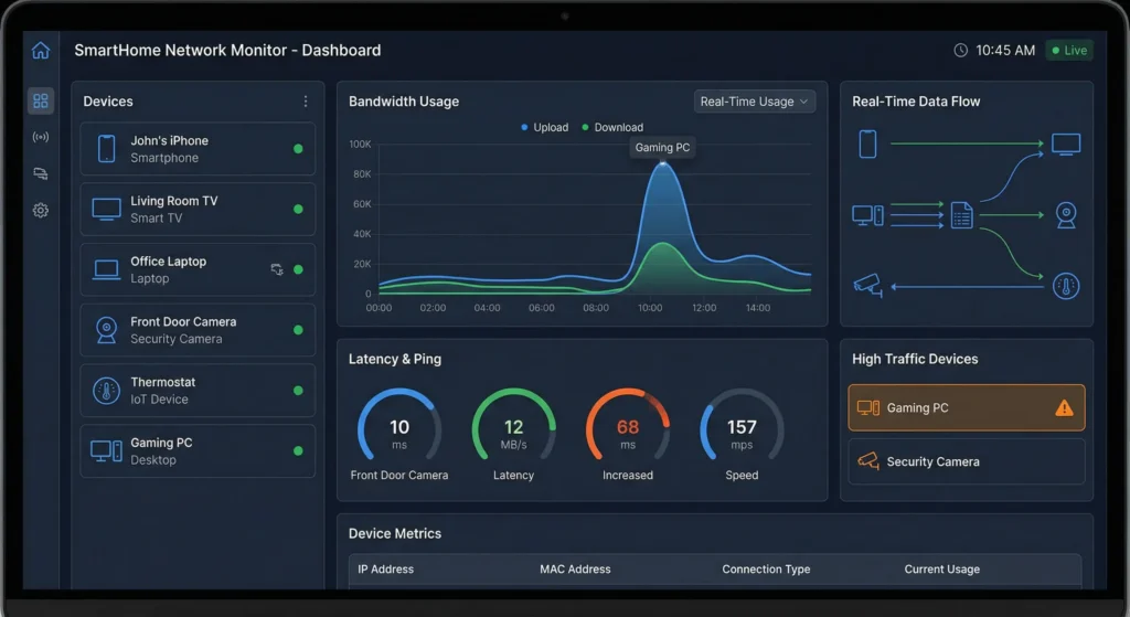 Network monitoring dashboard displaying real-time bandwidth usage and latency metrics for smart home devices with color-coded priority levels