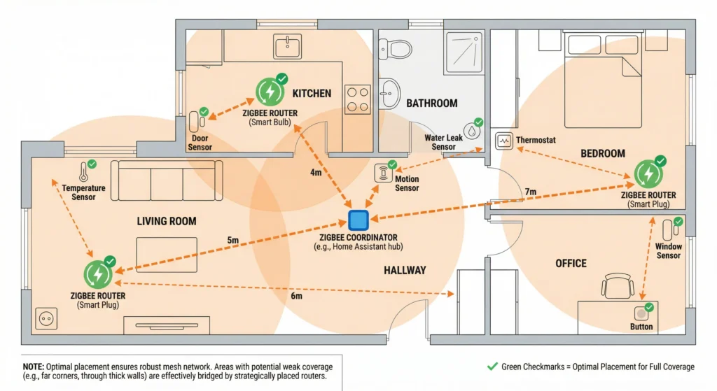 Optimal Zigbee router placement strategy on a home floor plan for maximum mesh coverage and efficient routing