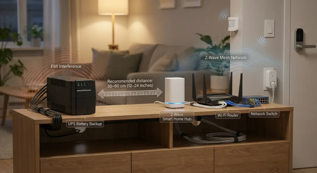 Optimized smart home equipment layout showing proper UPS placement away from Z‑Wave hub with distance labels