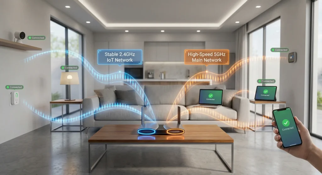 Optimized smart home network setup showing all IoT devices connected on dedicated 2.4GHz network with stable connections