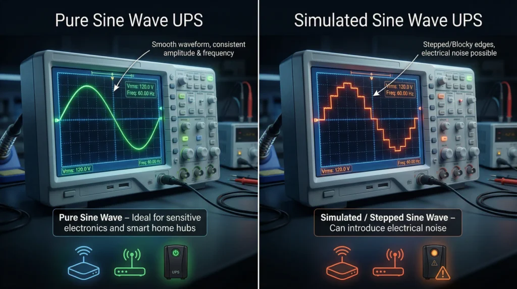 Oscilloscope comparison of pure sine wave versus simulated sine wave UPS output showing harmonic distortion