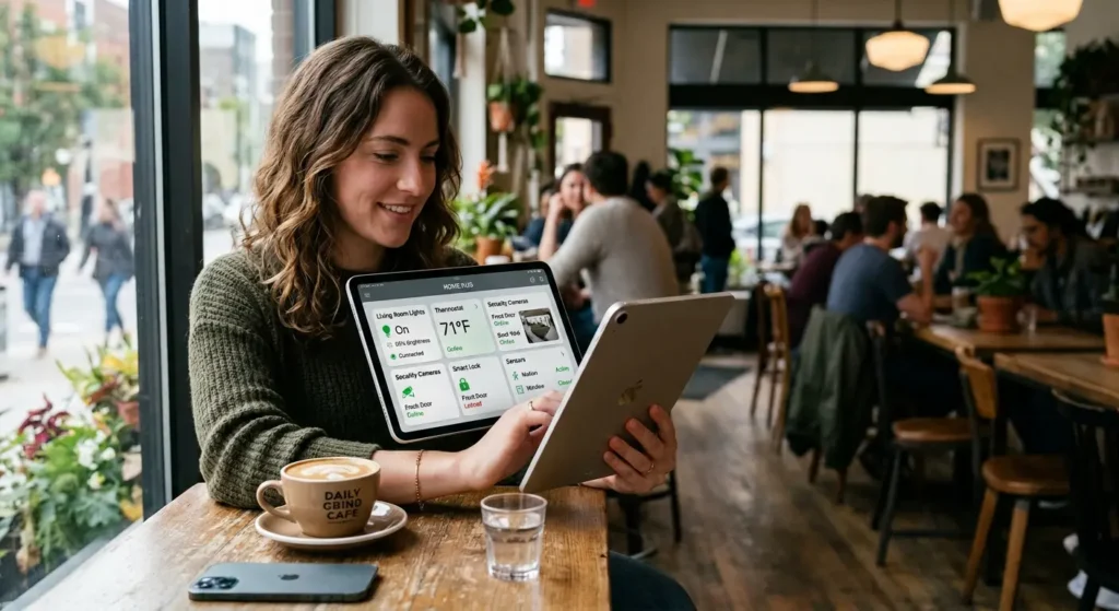 Person successfully accessing smart home dashboard remotely on a tablet at a coffee shop demonstrating working external access