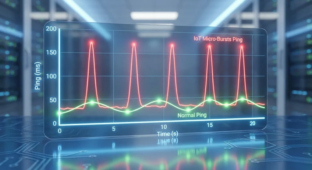 Ping spike graph showing periodic latency increases caused by synchronized IoT device reporting