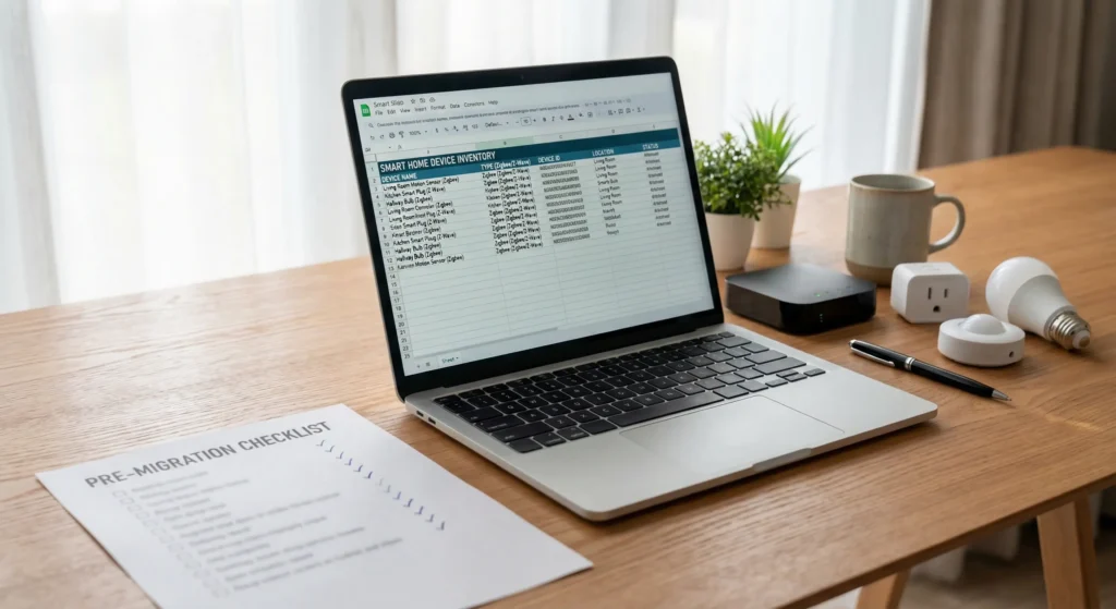 Pre-migration preparation checklist with device inventory spreadsheet for Zigbee and Z-Wave network migration