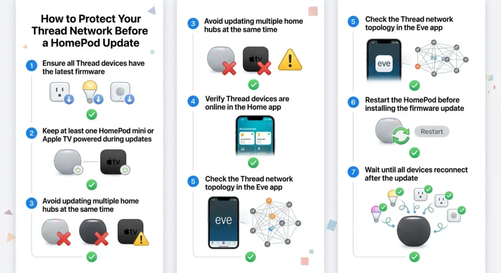 Prevention checklist infographic for protecting Thread devices before HomePod firmware updates