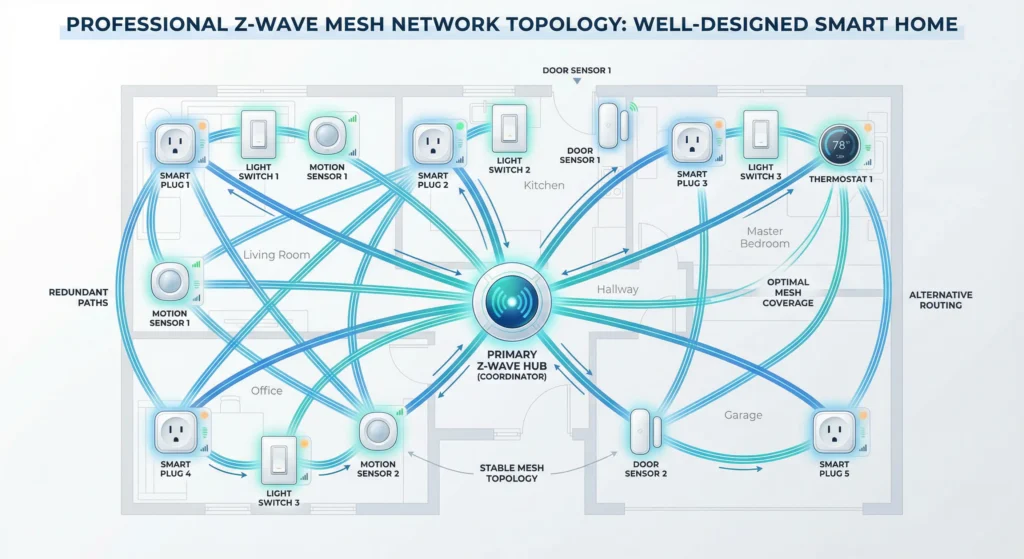 Professional Z-Wave network topology visualization showing a well-designed smart home mesh network. Multiple smart devices such as smart plugs, light switches, motion sensors, door sensors, and thermostats distributed evenly across a house floor layout. Devices connected through multiple redundant wireless communication paths forming a stable mesh topology. Clear glowing network lines between nodes illustrating alternative routing paths and signal relays. A central Z-Wave hub coordinating the network. Proper spacing between devices to demonstrate optimal mesh coverage. Clean technical diagram style with subtle IoT UI overlays, blue and teal signal lines, minimal white or light gradient background, modern smart home technology aesthetic, crisp vector lines mixed with realistic device icons, highly detailed, balanced layout, professional editorial infographic quality, 4K resolution.