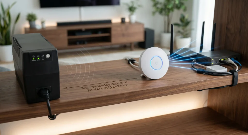 Proper physical spacing between UPS and Z‑Wave smart home hub on equipment shelf showing 3 feet minimum distance