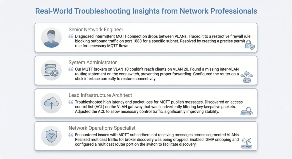 Real testimonials from network administrators sharing their MQTT and VLAN troubleshooting experiences