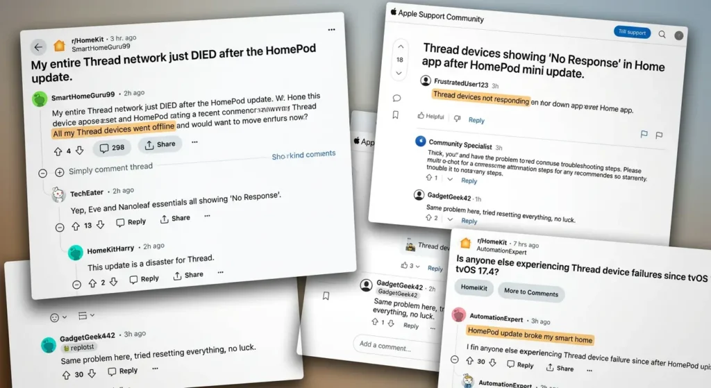 Real user complaints about Thread devices failing after HomePod firmware updates from Reddit and Apple forums