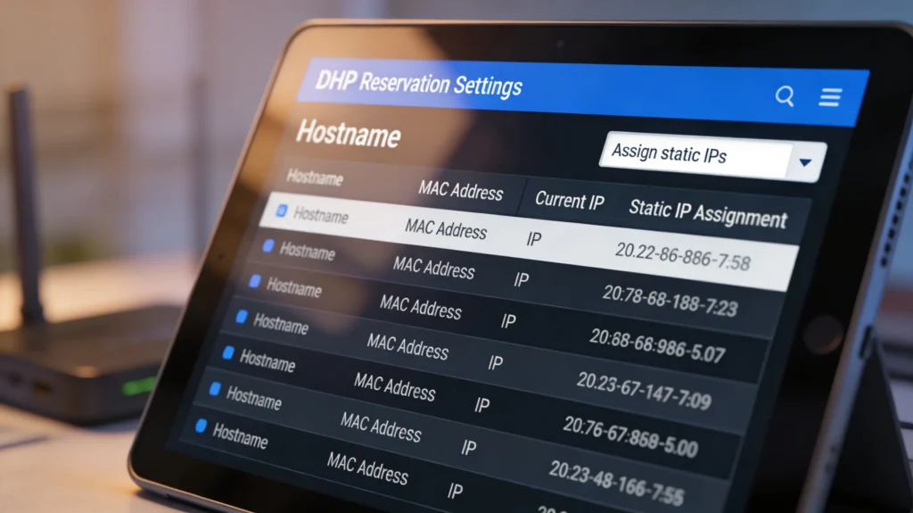 Router admin panel DHCP reservation page for assigning static IPs to smart home devices