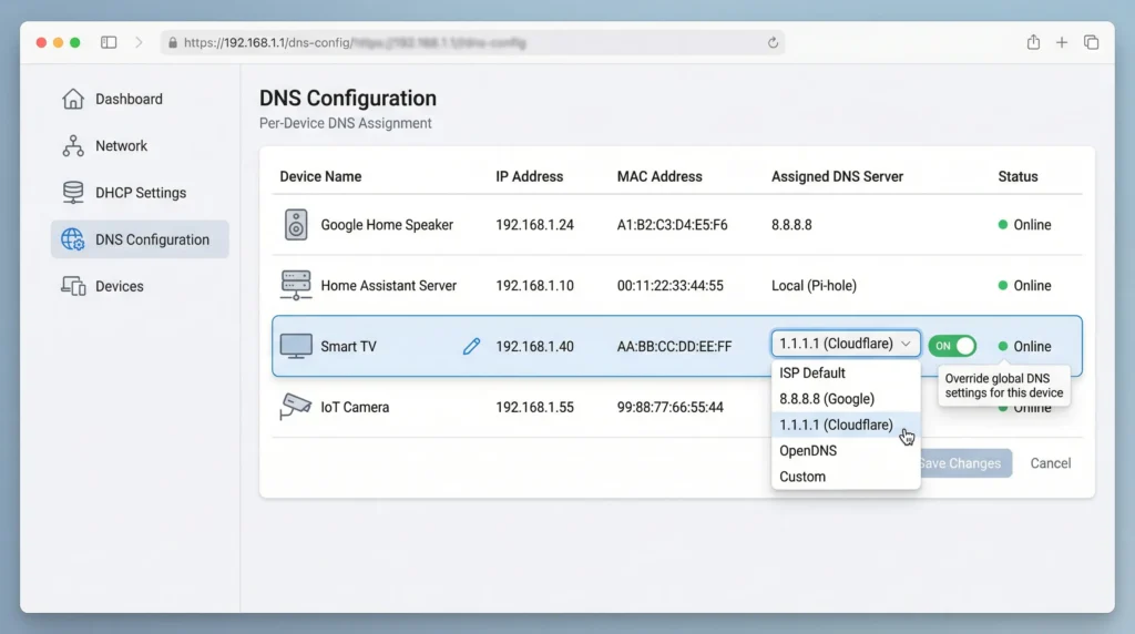 Router admin panel demonstrating how to set different DNS servers for individual smart home devices