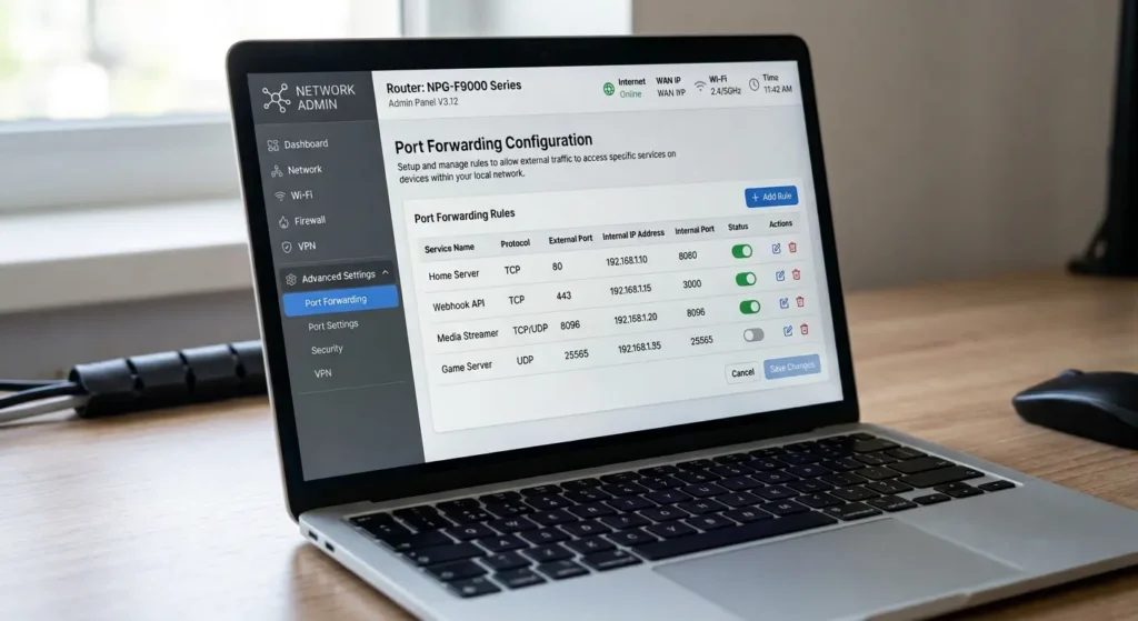 Router admin panel port forwarding settings configured for smart home dashboard remote access on port 8123