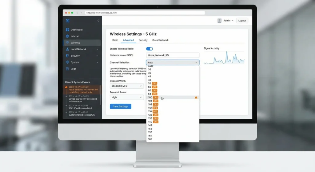 Router admin panel screenshot displaying DFS channel settings and radar detection log entries