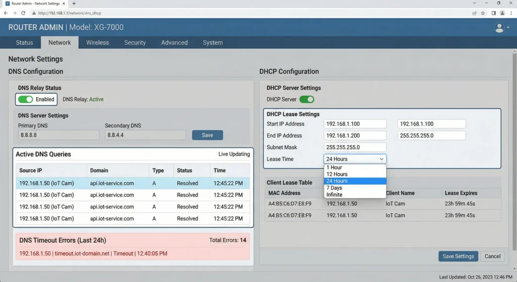 Router admin panel screenshot displaying DNS server configuration and DHCP lease time settings for IoT network