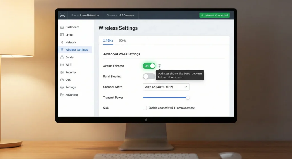 Router admin panel screenshot highlighting the Airtime Fairness setting toggle in wireless advanced settings