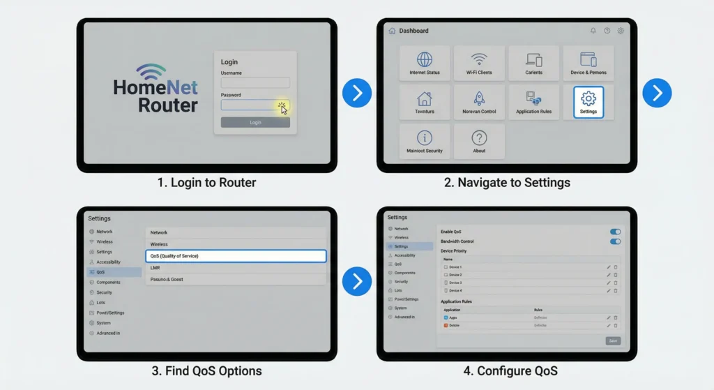 Router admin panel screenshot showing QoS configuration page with bandwidth allocation settings and device priority rules for smart home optimization