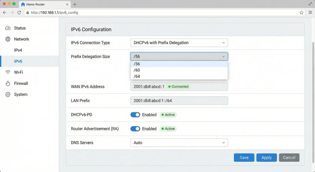 Router admin panel showing IPv6 Prefix Delegation settings and configuration options