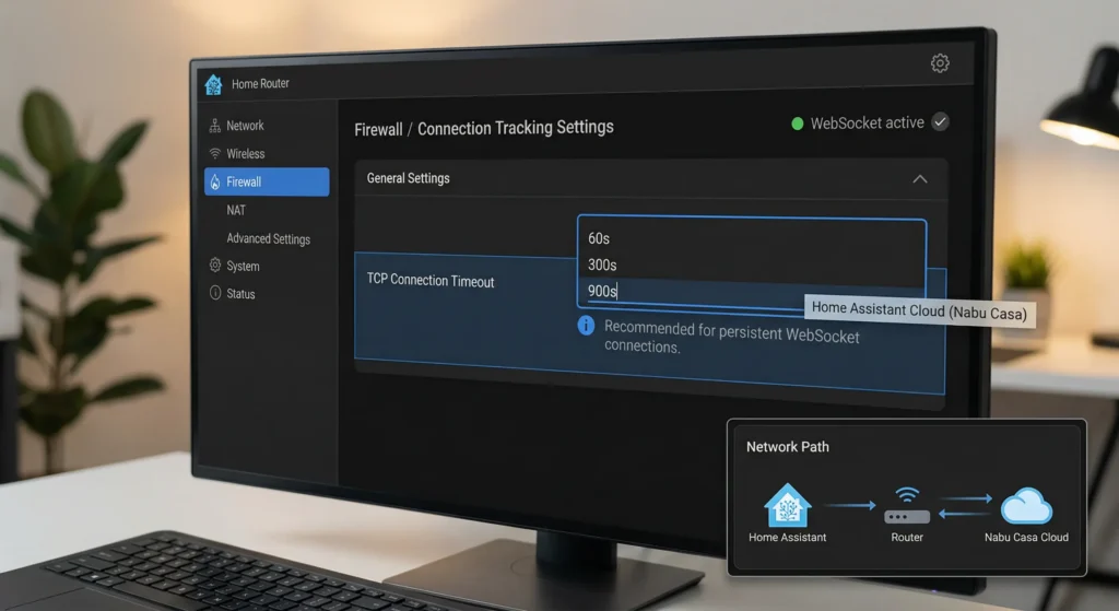 Router admin panel showing TCP connection timeout settings for fixing Home Assistant cloud callback issues