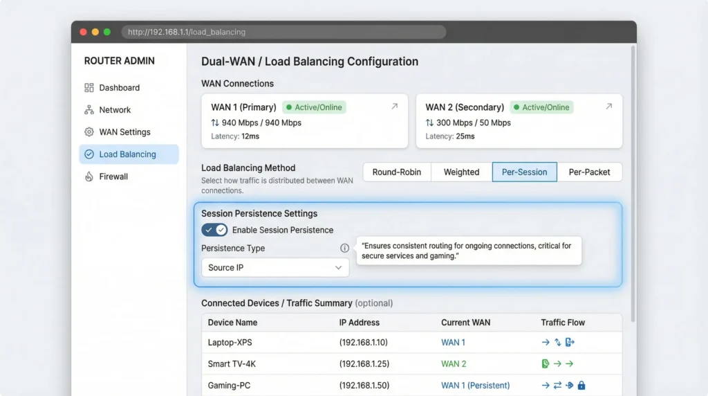 Router admin panel showing dual-WAN load balancing configuration with session persistence settings highlighted