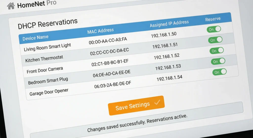 Router admin panel showing how to set up DHCP reservations for smart home devices to prevent automation delays