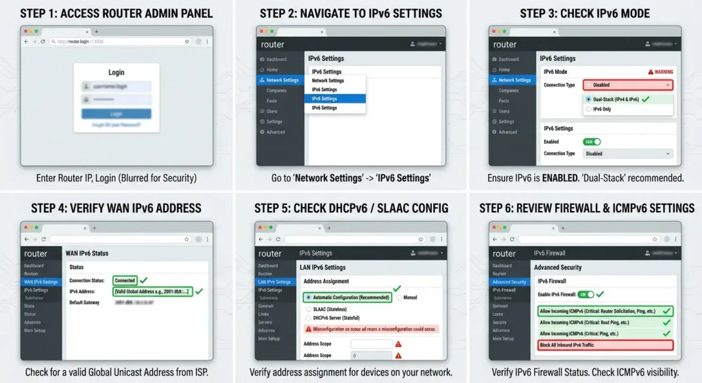 Router administration panel showing IPv6 settings and firewall configuration for IoT device troubleshooting