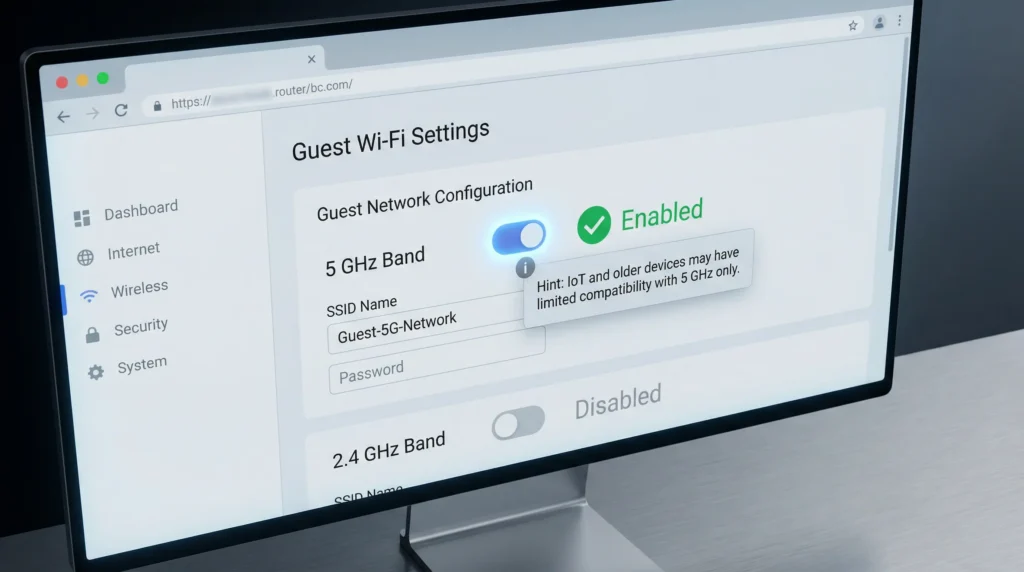 Router configuration page showing how to set guest Wi-Fi to 5 GHz only to prevent Zigbee interference