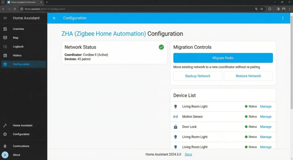 Screenshot of ZHA migration interface in Home Assistant showing the migrate radio option
