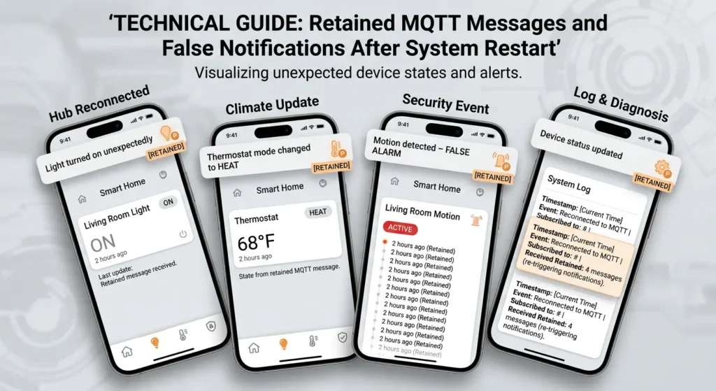 Screenshot showing multiple false home automation notifications caused by MQTT retained messages after power outage