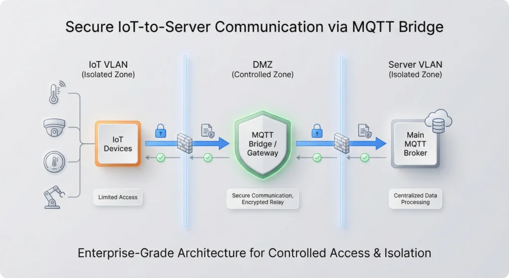 Secure network architecture using MQTT bridge between IoT VLAN and server VLAN for isolated communication