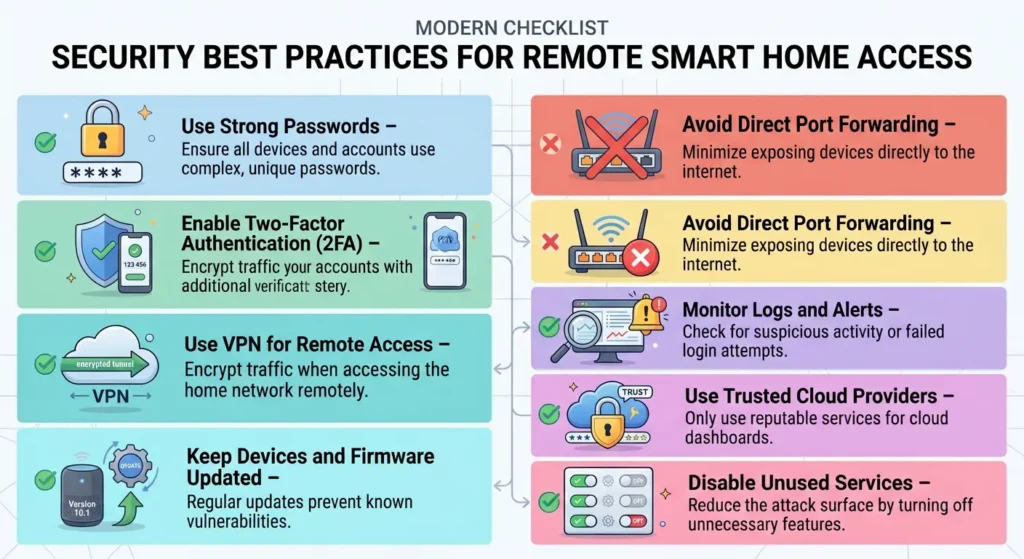 Security checklist for smart home remote access including HTTPS strong passwords two-factor authentication and minimal port exposure