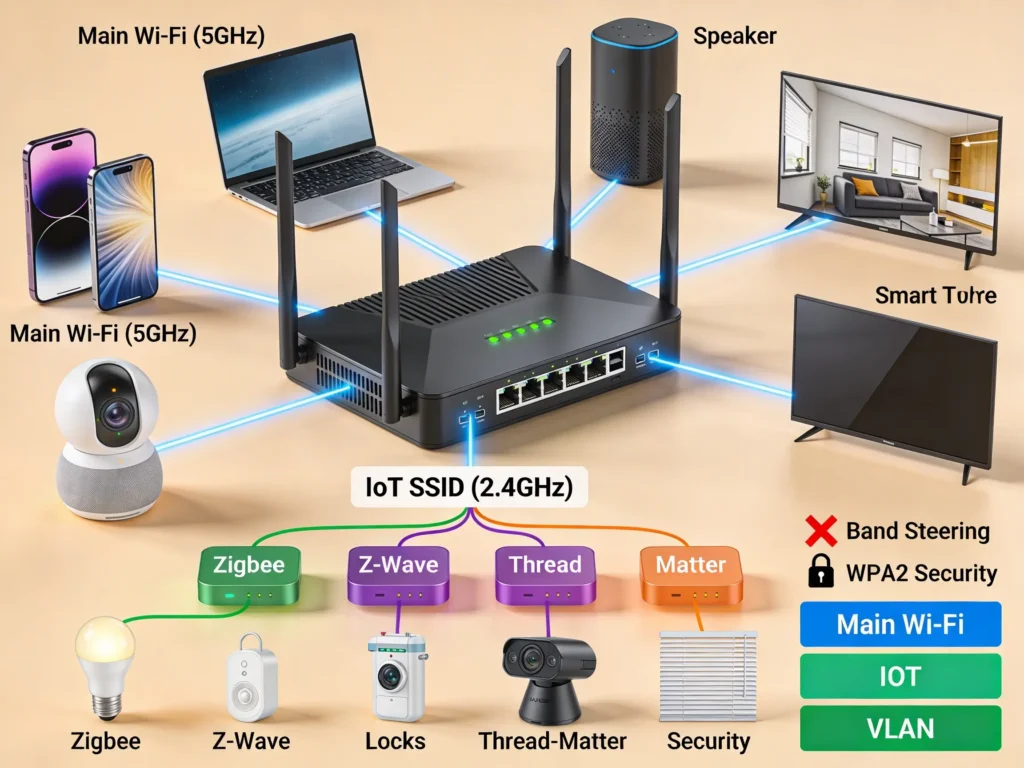 Segmented home network diagram with separate IoT SSID for smart home devices