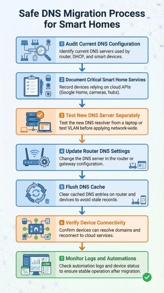 Seven step visual process for safely switching DNS providers without breaking smart home devices