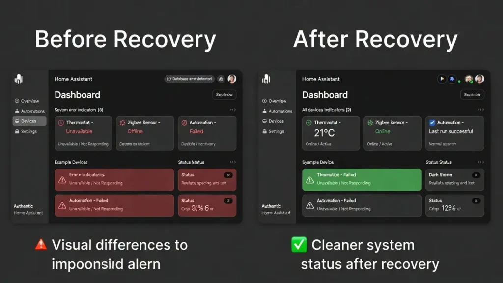 Side by side comparison of Home Assistant dashboard before and after successful database corruption recovery
