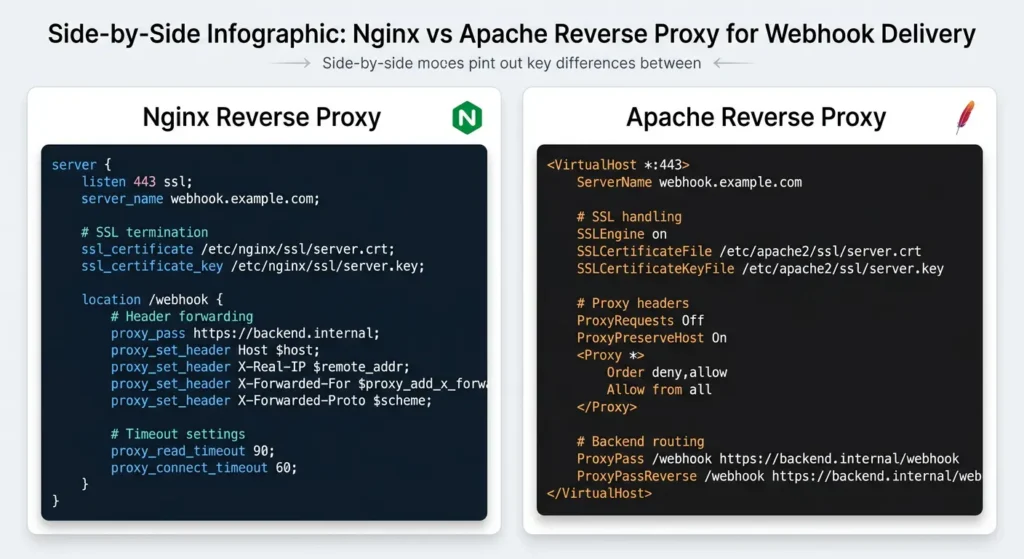 Side by side comparison of Nginx and Apache reverse proxy configuration files optimized for webhook delivery