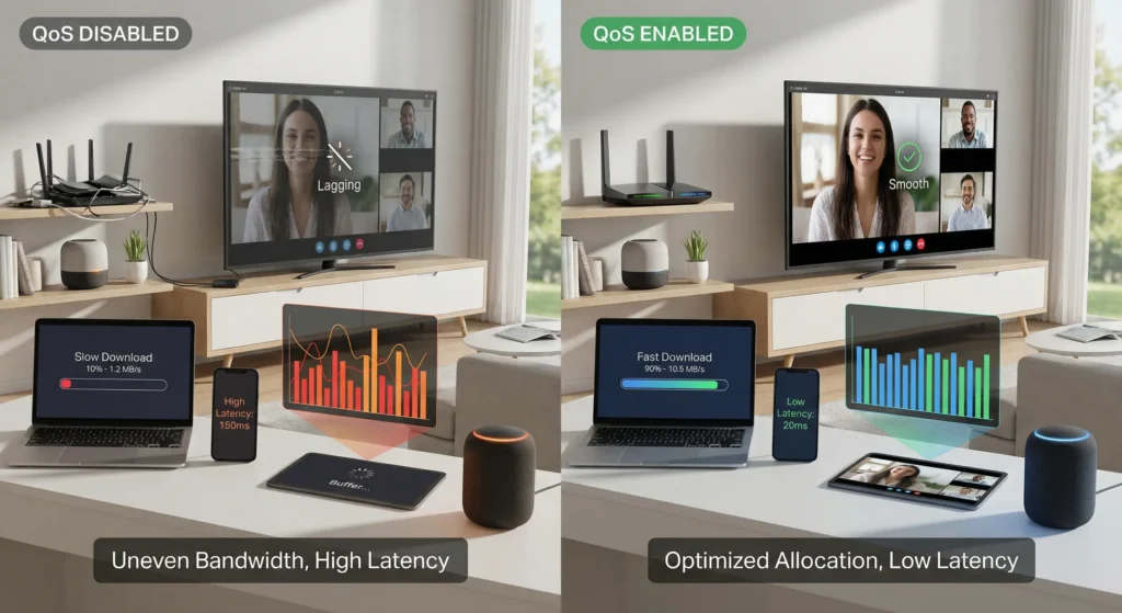 Side-by-side comparison of smart home network performance with QoS disabled versus QoS enabled showing improved latency and bandwidth distribution