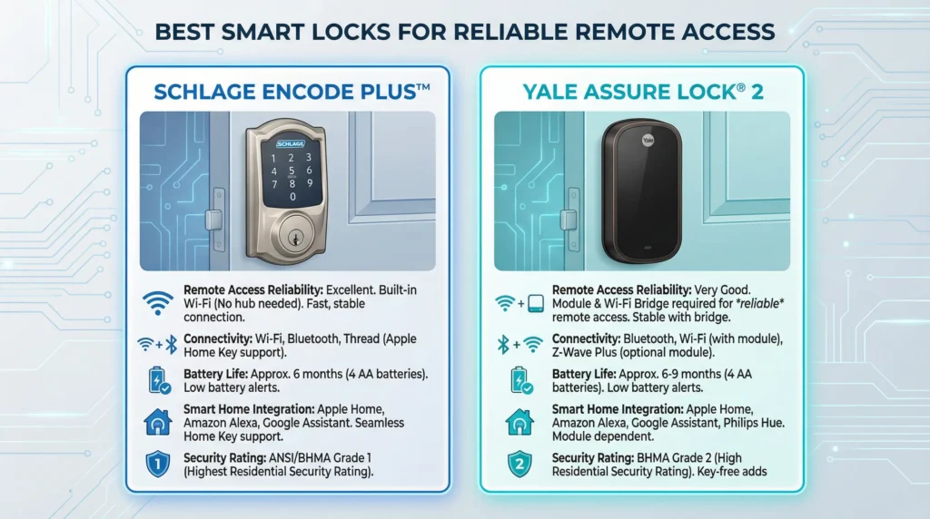 Side by side comparison of the best smart locks for reliable remote access including Schlage Encode Plus and Yale Assure Lock 2