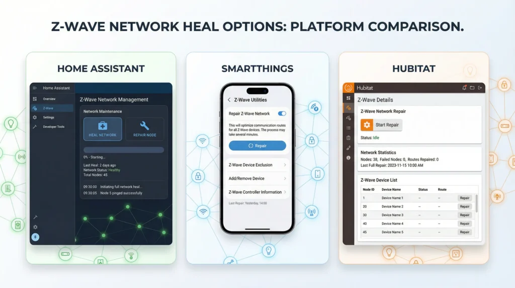 Side-by-side screenshots of Z-Wave network heal options in Home Assistant, SmartThings, and Hubitat smart home platforms