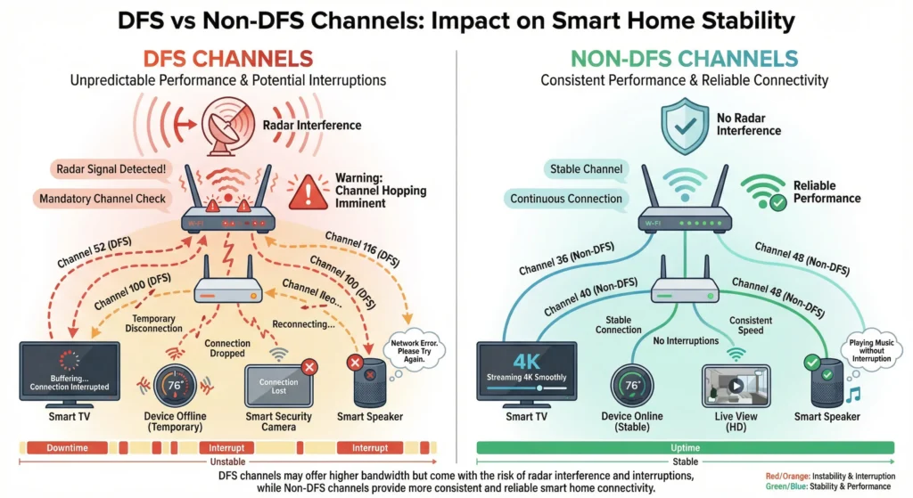 Side by side visual comparison showing stable non DFS channel performance versus interrupted DFS channel performance with smart hubs