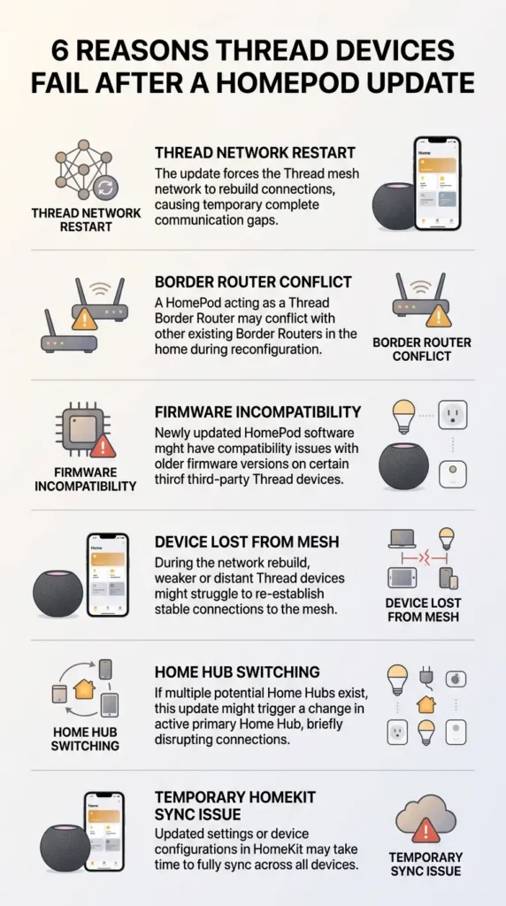 Six technical reasons why Thread smart home devices fail after HomePod firmware updates infographic