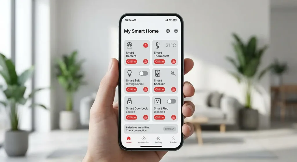 Smart home app screenshot showing multiple IoT devices offline after IPv6 was enabled on the network