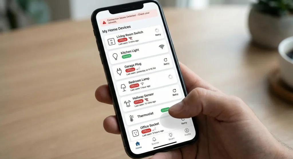 Smart home app screenshot showing multiple older smart switches displayed as offline after Airtime Fairness was enabled on the router