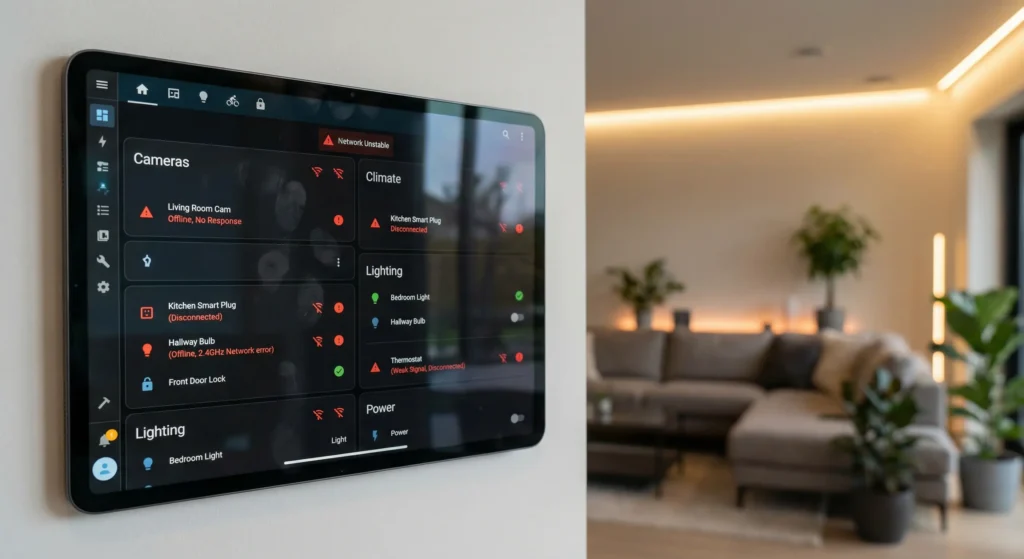 Smart home dashboard displaying multiple IoT devices offline after band steering was enabled on the router