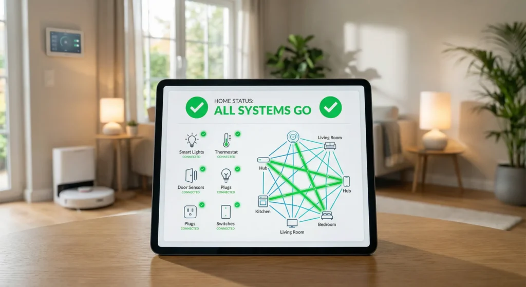 Smart home dashboard showing all Z-Wave devices with healthy connected status after successful mesh network rebuild