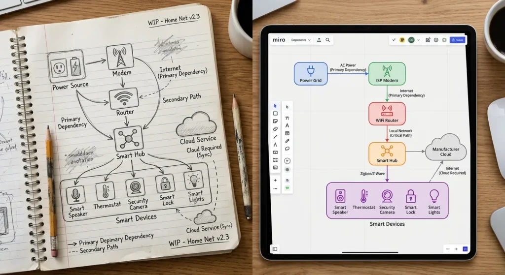 Smart home device dependency map showing network hierarchy from modem to router to hub to individual IoT devices